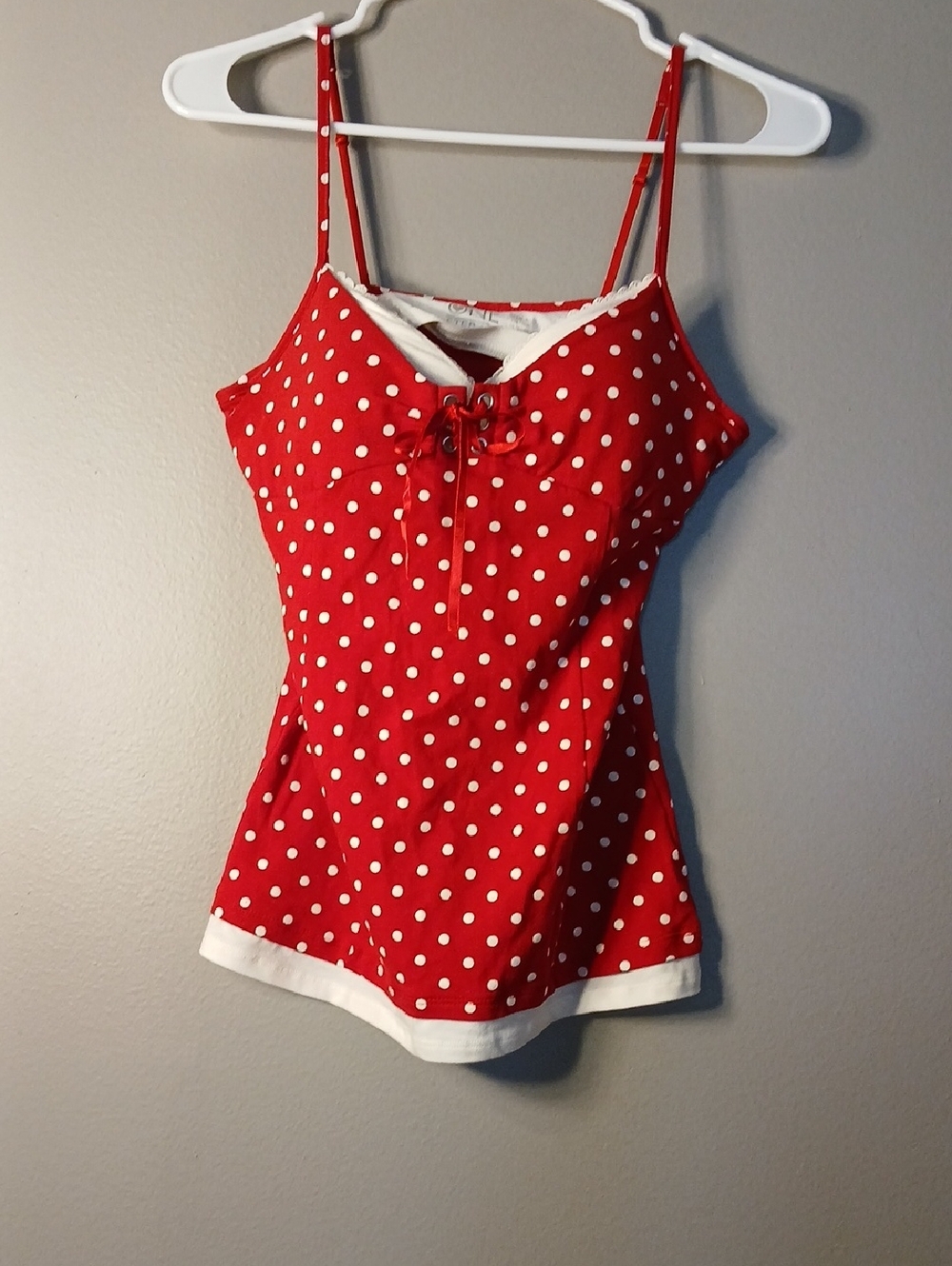 Women's Red And White Polka Dot Spaghetti Strap Tank Top/Camisole Large